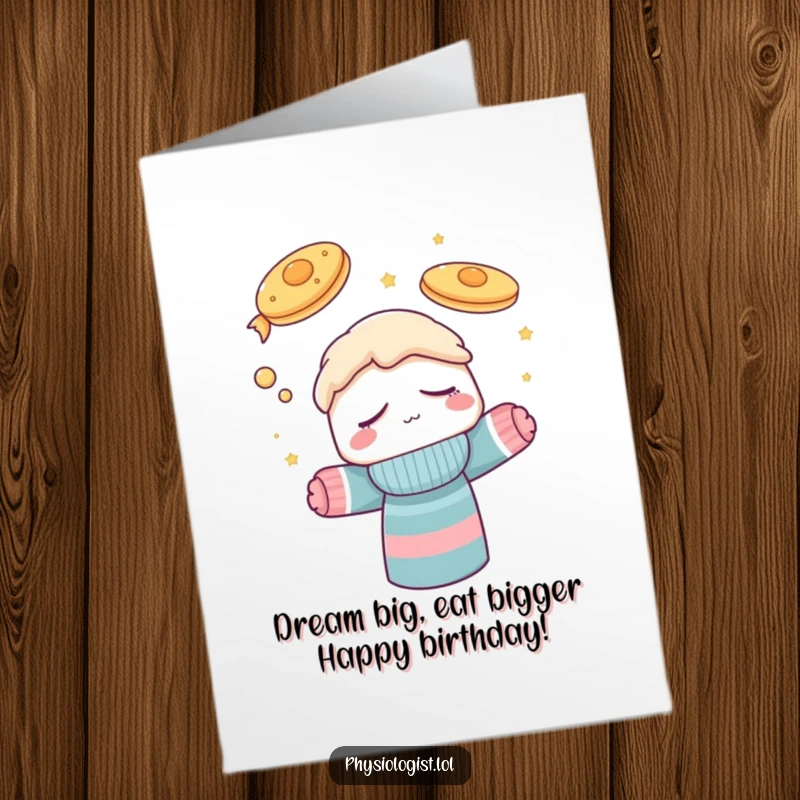 Funny Free Printable Birthday Card: Sleepy sock puppet with closed eyes dreams of fluffy pancakes flying through the sky.