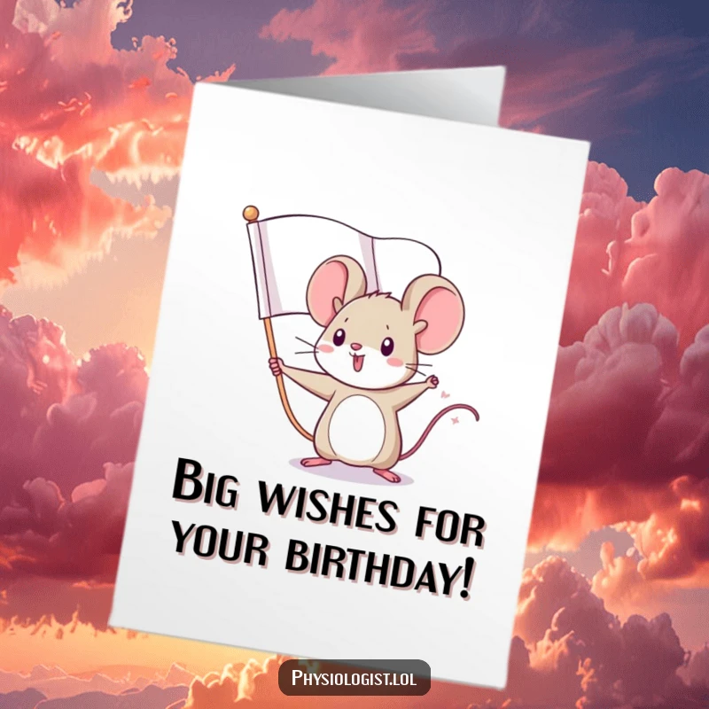 Funny Free Printable Birthday Card: Tiny mouse bravely waving giant flag, determined and cute, great for birthdays, downloadable gift.
