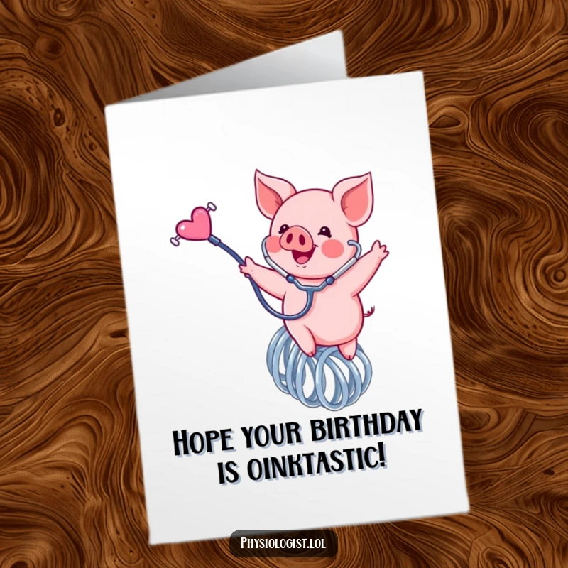 Free Printable Birthday Card: Happy pink piglet bouncing on a spring with a stethoscope, ready for fun.