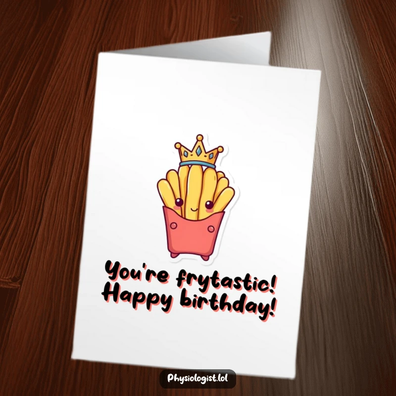 Funny Free Printable Birthday Card: Victorious french fry reigns supreme wearing a tiny golden crown, DIY gift.