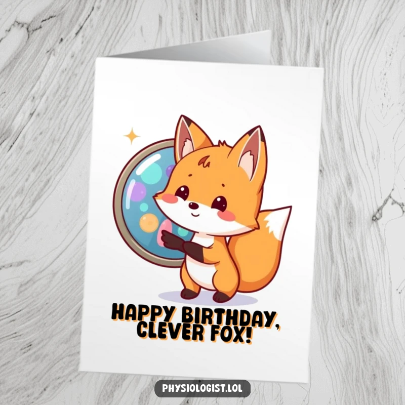 Funny Free Printable Fox Birthday Card: A small fox excitedly points to a magnified cell with colorful organelles.