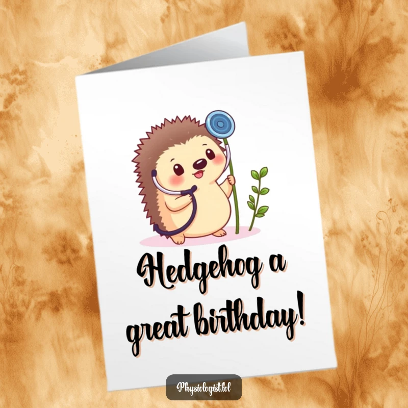 Funny Free Printable Birthday Card: Cheerful hedgehog holds giant stethoscope to tiny plant sprout, wishing happy birthday.