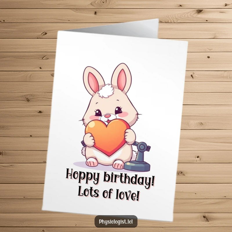 Funny Free Printable Birthday Card: Fluffy rabbit happily examines a giant, colorful heart under a microscope, full of birthday love.
