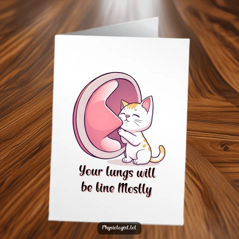 Funny free printable birthday card featuring a curious cat intently listening to a comically oversized human lung.