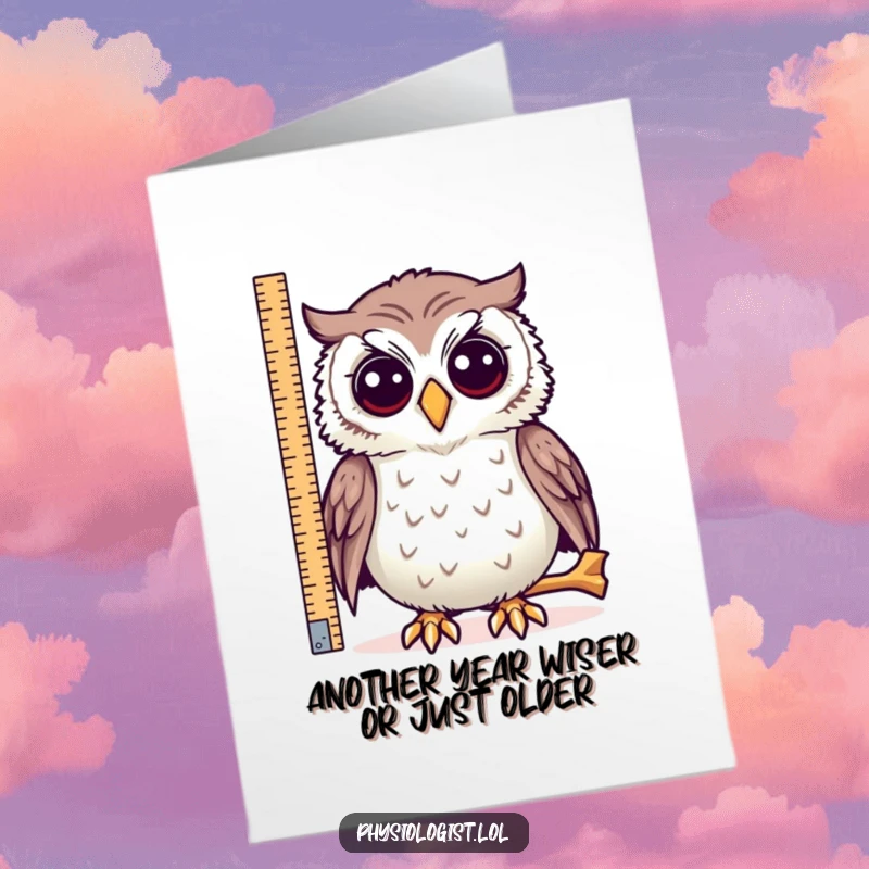Funny free printable birthday card: a curious owl uses a measuring tape on an absurdly long bone.