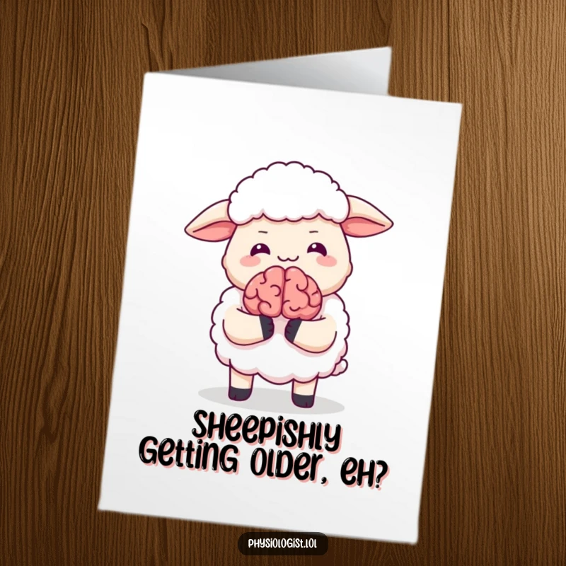 Funny Free Printable Birthday Card featuring a giggling sheep joyfully holding a tiny, animated, glowing brain.