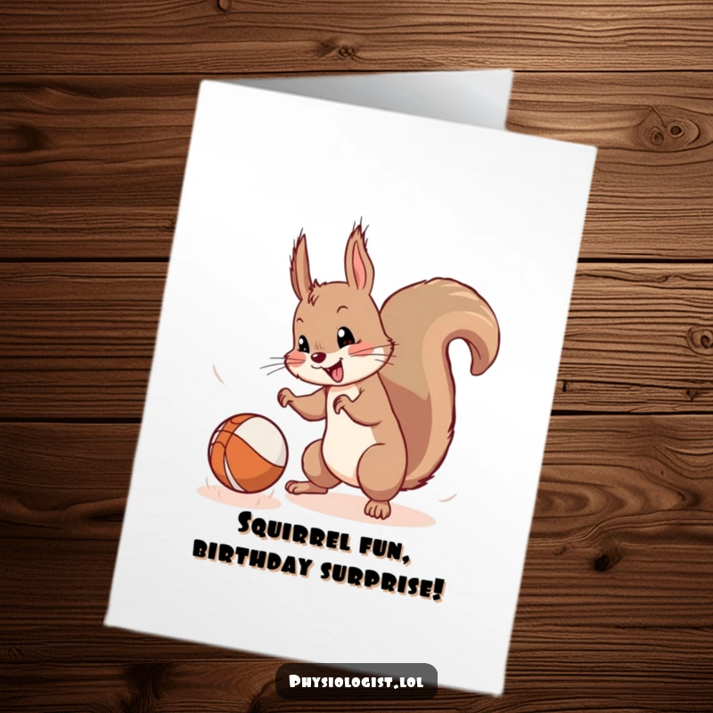 Funny Free Printable Birthday Card: Mischievous squirrel comically chases a wildly bouncing ball, capturing playful downloadable birthday wishes.