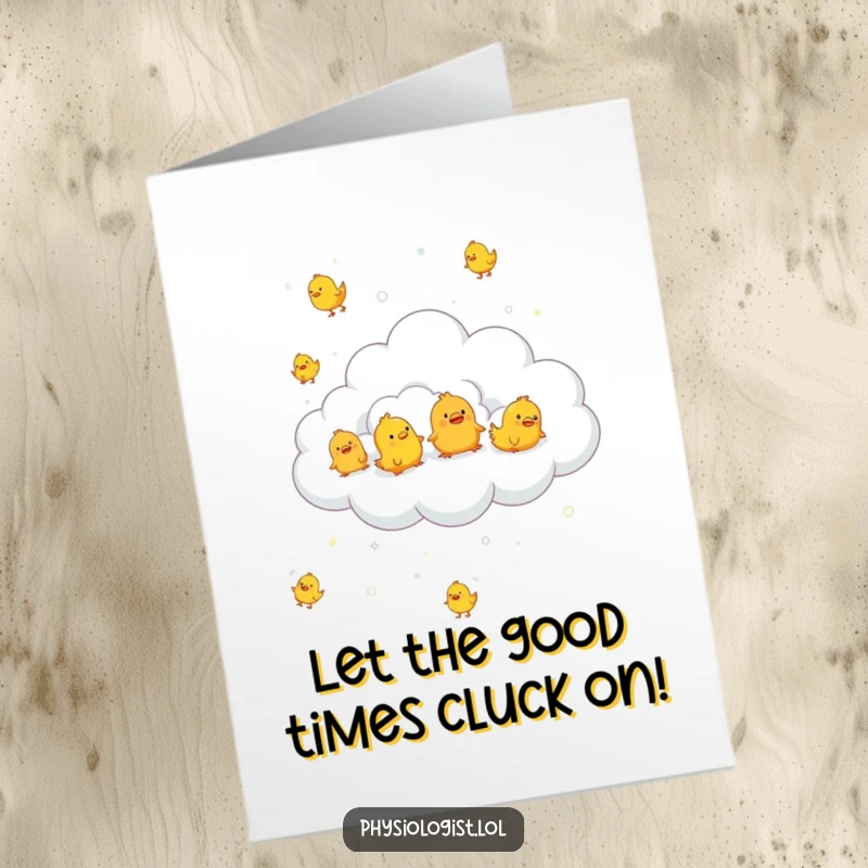 Funny free printable birthday card: A fluffy cloud rains tiny, bouncing rubber chickens.