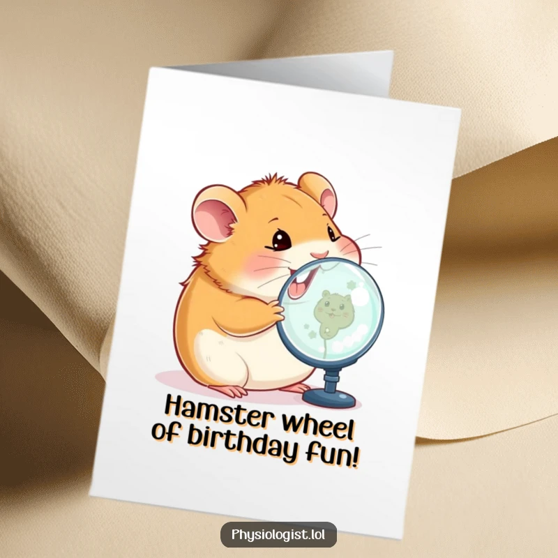 Funny Free Printable Birthday Card: A happy hamster engrossed in a magnified image on a screen, cute and techy.