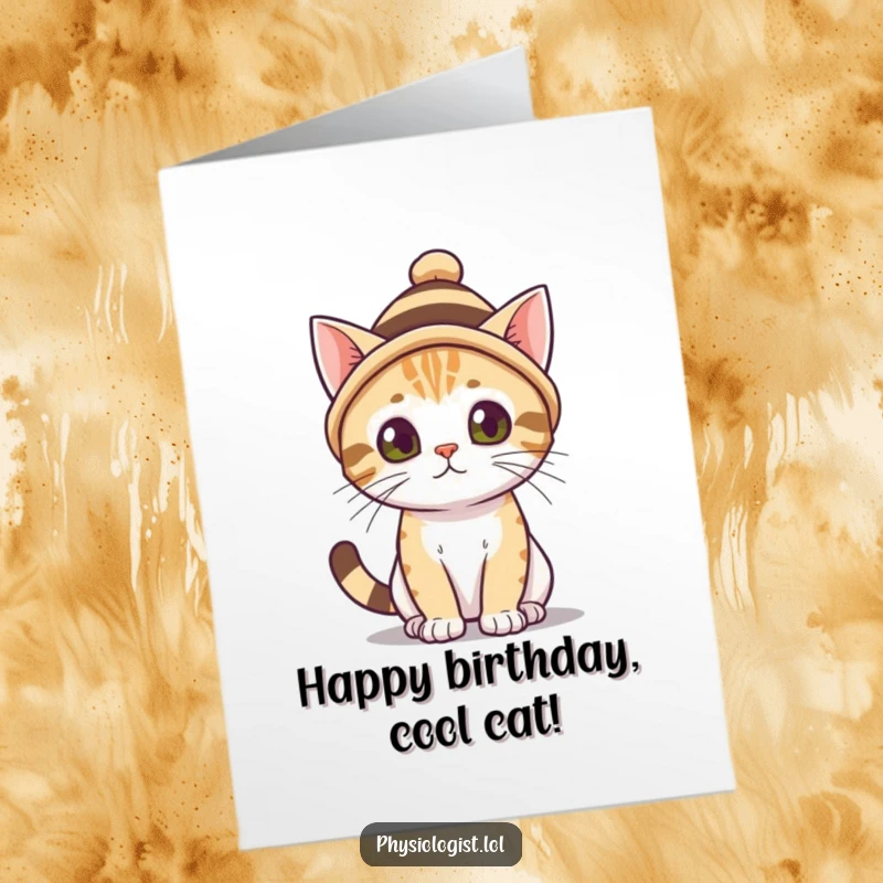 Funny Free Printable Birthday Card: A curious cat sporting a small, striped hat offers birthday wishes with a quirky expression.