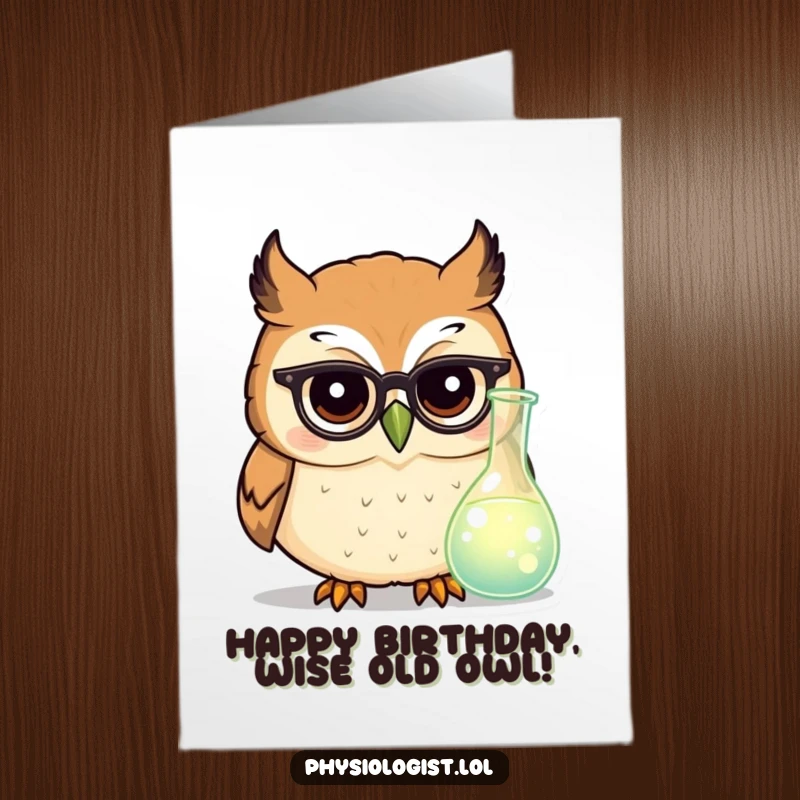 Funny Free Printable Owl Birthday Card: A round owl with tiny glasses looks closely at a glowing beaker.