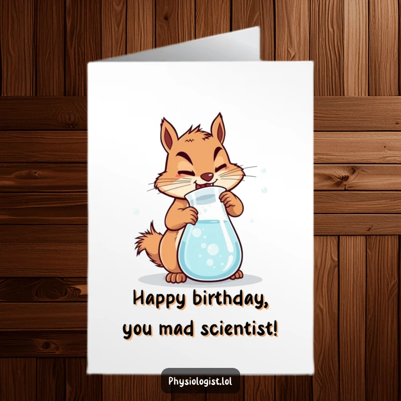 Funny Free Printable Birthday Card: Determined squirrel vigorously churning a bubbly beaker, a mad scientist's joy.