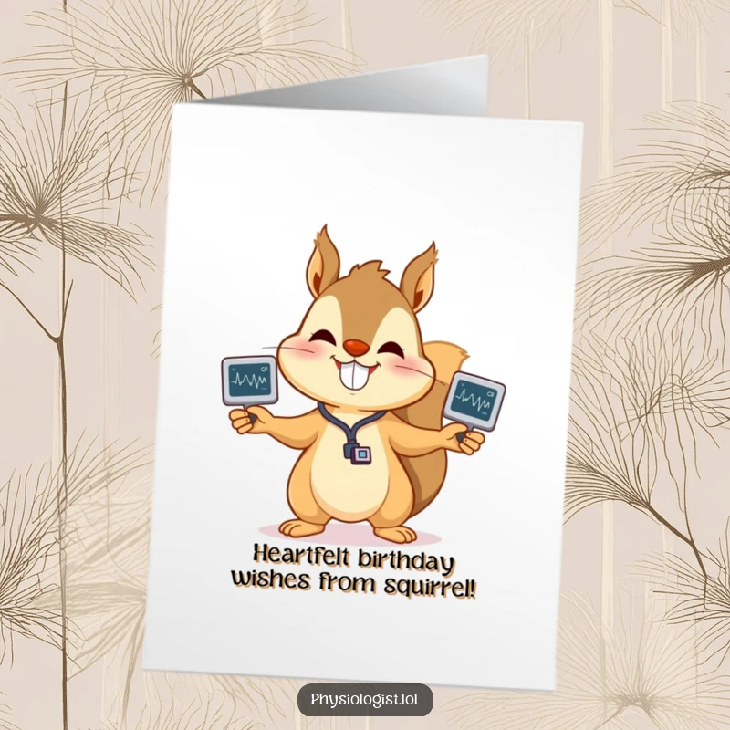 Funny Free Printable Squirrel EKG Birthday Card, a happy squirrel juggling heart monitor readouts, celebrating a healthy birthday.