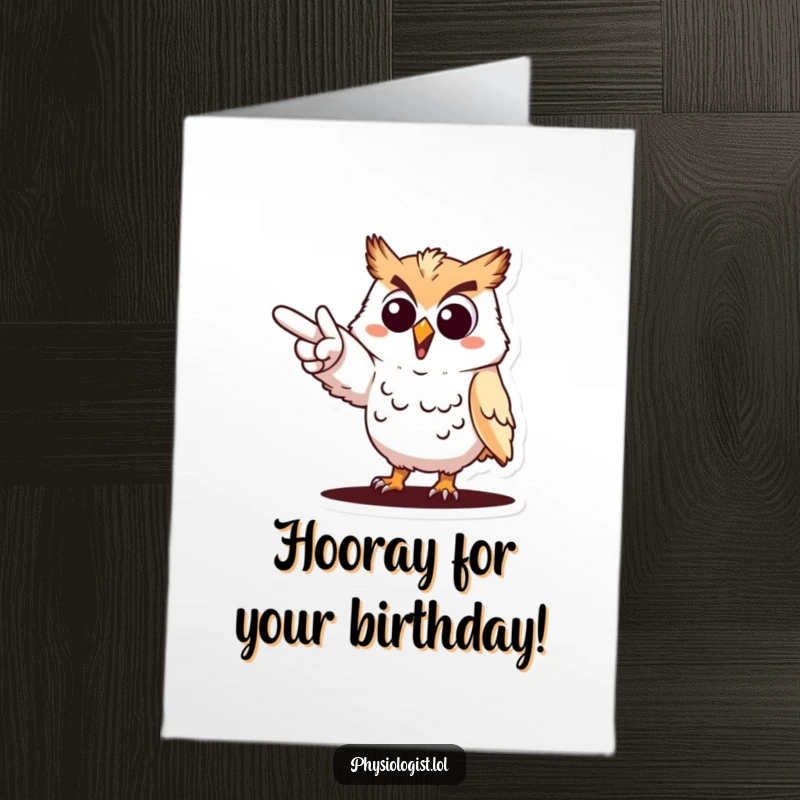 Funny Free Printable Birthday Card: A cheerful owl dramatically pointing towards a distant goal with determination.