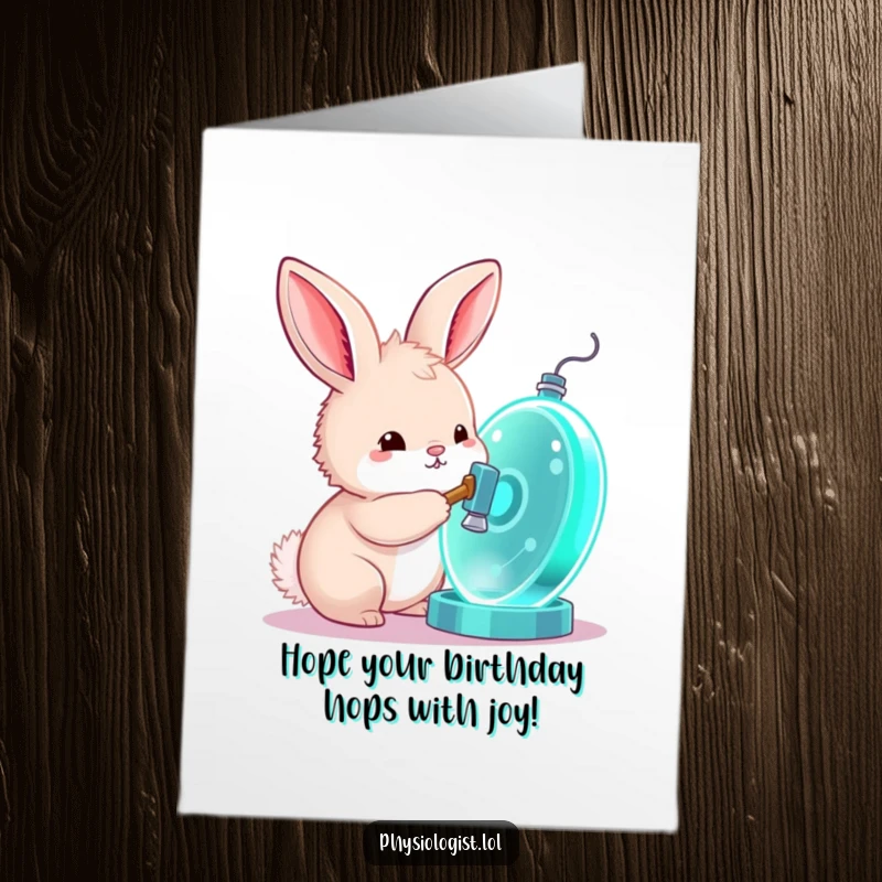 Free Printable Birthday Card: Curious bunny tapping a glowing cell model with a tiny hammer for birthday fun.
