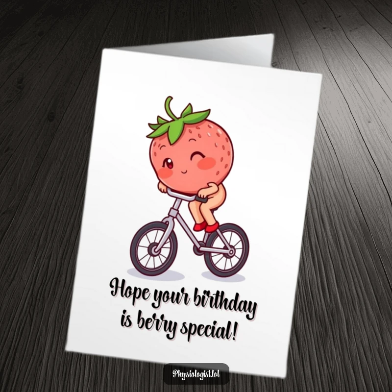 Funny Free Printable Birthday Card: Blushing strawberry precariously balancing on a unicycle, a whimsical DIY gift.