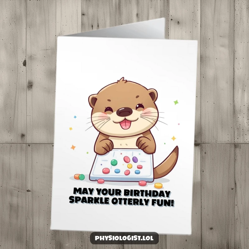 Free Printable Birthday Card: Cheerful otter sprinkling glitter and pills on a slide for a fun birthday wish.