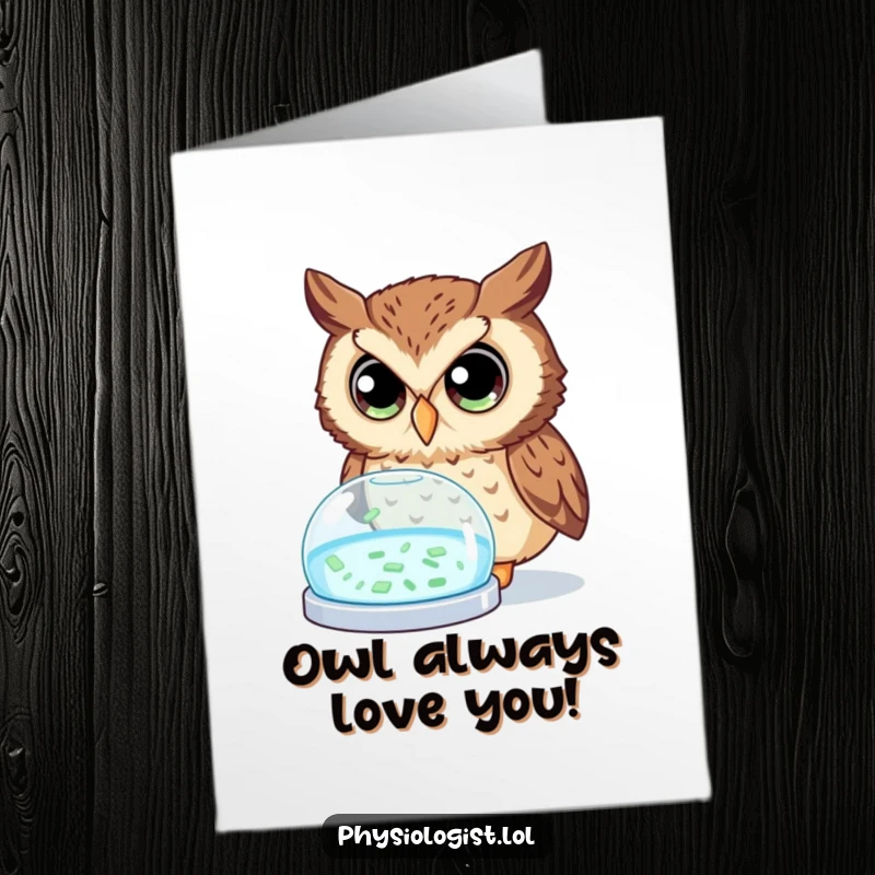 Funny Free Printable Birthday Card: A curious owl with wide eyes peers intently at a glowing petri dish, a nerdy delight.