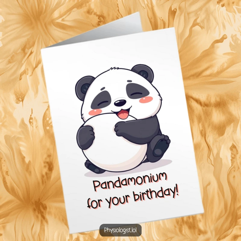 Funny Free Printable birthday card featuring a giggling panda humorously squeezing an ambiguously shaped stress ball.