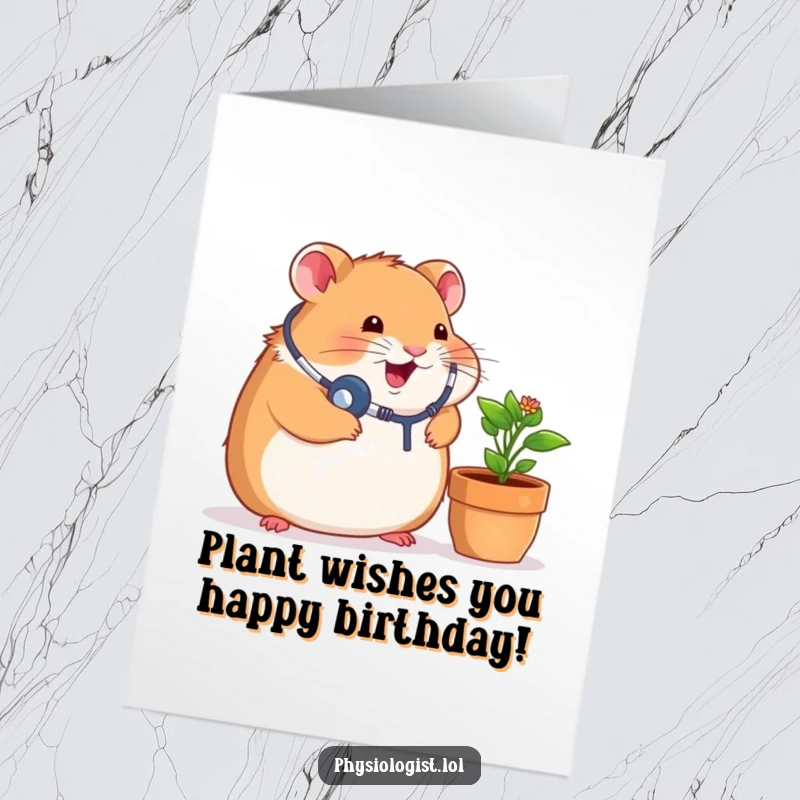 Funny Free Printable Birthday Card: Chubby hamster in a tiny stethoscope, excitedly listening to a potted plant with a smile.