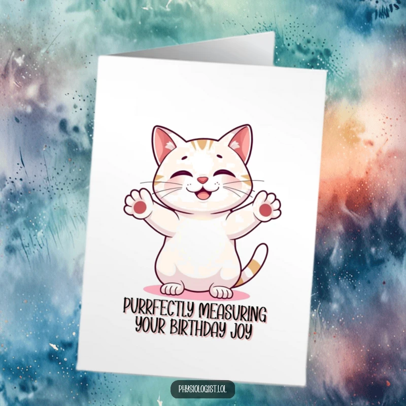 Funny Free Printable Cat Birthday Card: Smiling cat measuring a glowing abstract shape, unique birthday greeting.