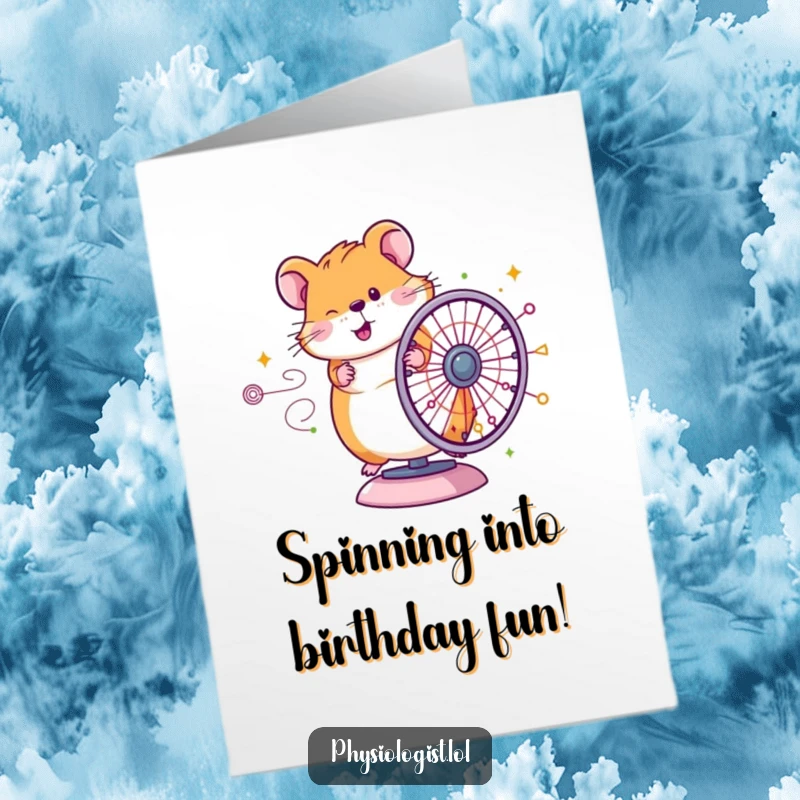 Funny Free Printable Hamster Birthday Card: Happy hamster spinning wheel attached to colorful complex diagram, great for birthdays.