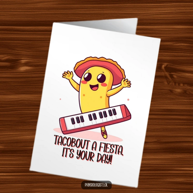 Funny free printable birthday card: A smiling taco dances salsa on a giant computer keyboard.