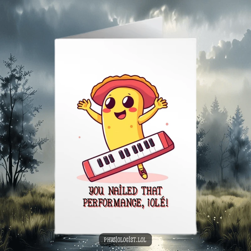 Funny free printable congrats card: A taco dances salsa on a huge keyboard.