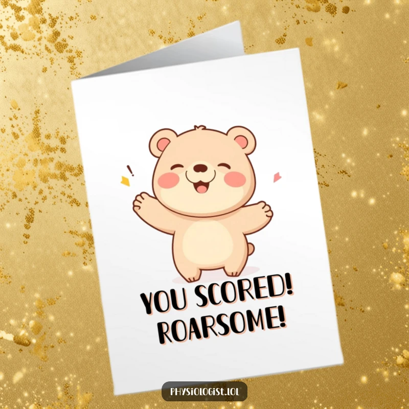 Funny Free Printable Congratulations Card: Giggling bear celebrates a score with a triumphant flourish, a downloadable symbol of victory.