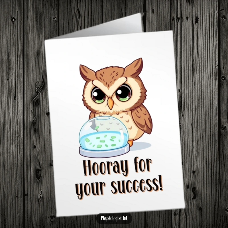 Funny Free Printable Congratulations Card: An inquisitive owl examining a luminous petri dish, signifying discovery and celebration.