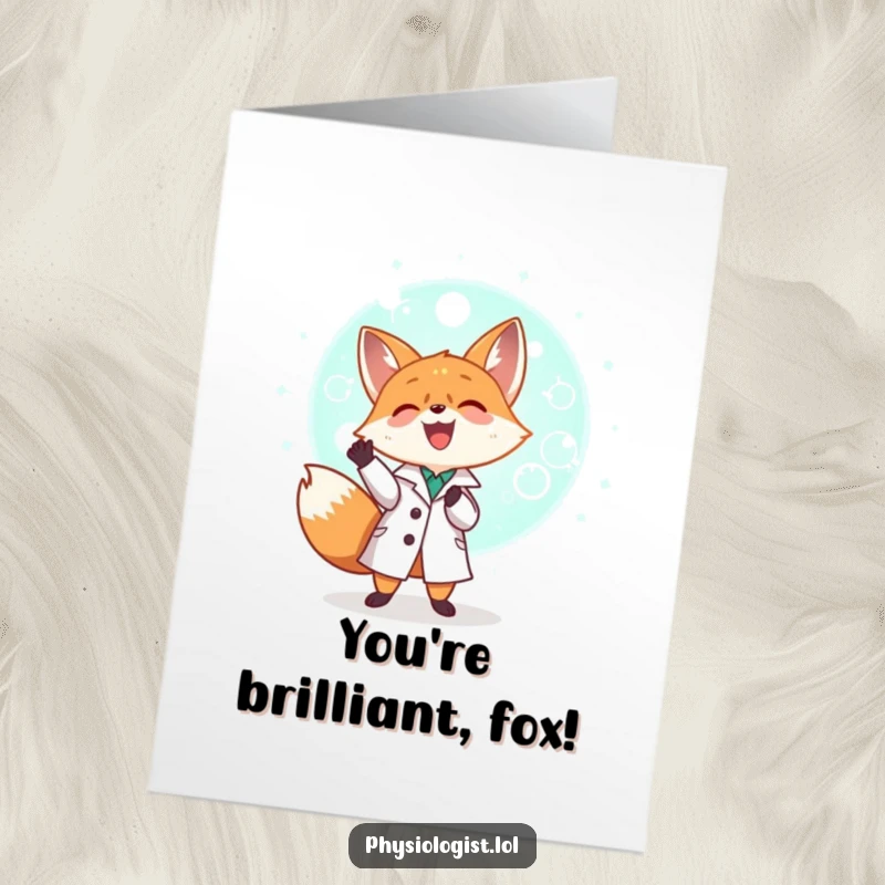 Funny Free Printable Congratulations Card: A tiny fox scientist in a lab coat excitedly examines a huge glowing cell. Celebrating discovery.