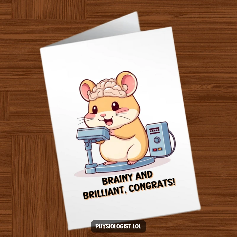 Funny Free Printable Congratulations Card: A bouncing hamster intently operating a complex brain scanner, analyzing success with scientific fervor for printing.