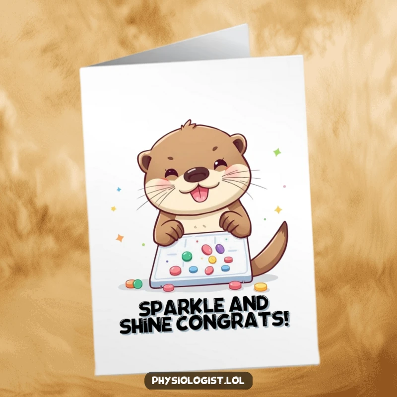Free Printable Congratulations Card: Cheerful otter sprinkling glitter and tiny pills onto a microscopic slide, celebrating success.