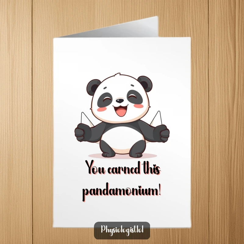 Funny Free Printable Congratulations Card: A happy panda animatedly showing muscle movement with puppets, celebrating victory.