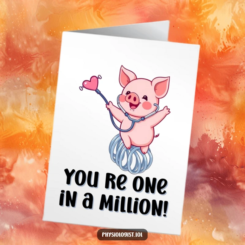 Free Printable Congratulations Card: A happy pink piglet on a giant spring holding a stethoscope, celebrating success.