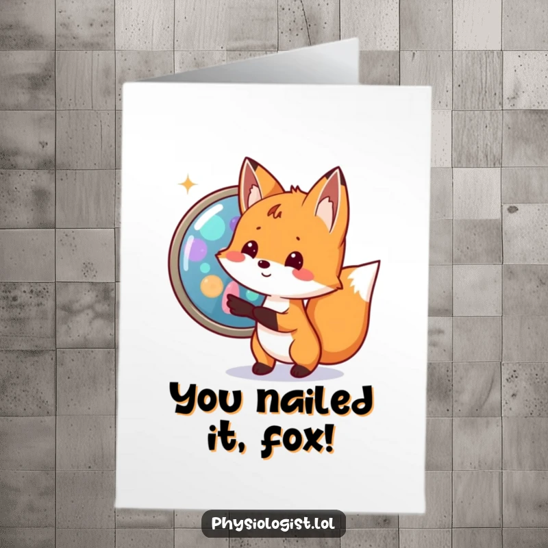 Funny Free Printable Fox Congratulations Card: An excited fox points enthusiastically at a magnified biological cell.