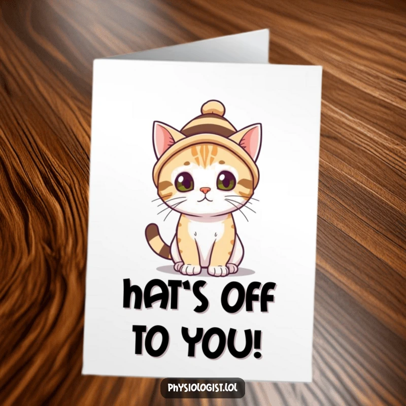 Funny Free Printable Congratulations Card: A curious cat in a small, striped hat celebrates your success with a knowing glance.