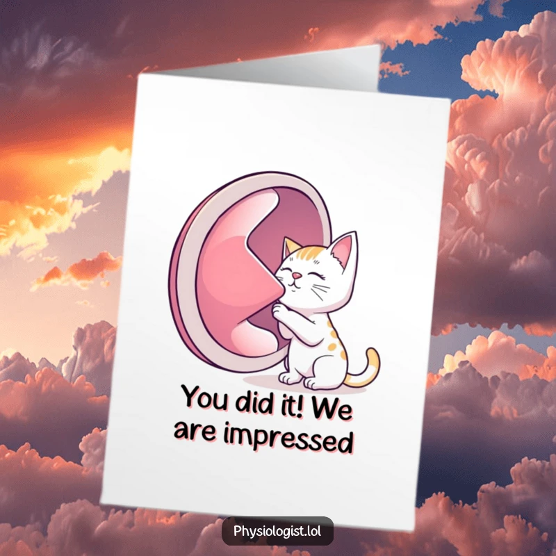 Hilarious free printable congratulations card showing a cat with its ear pressed against a giant, curious lung.
