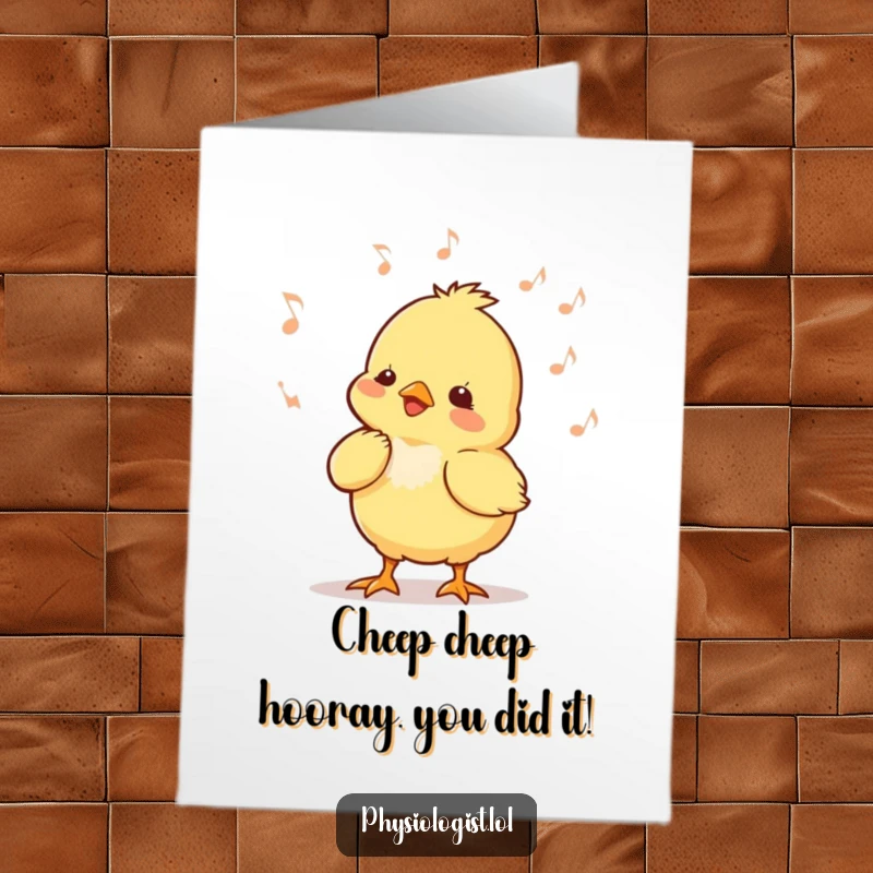 Funny Free Printable Chick Dancer Card: Small chick happily bobbing head to music, humorous congratulations card.