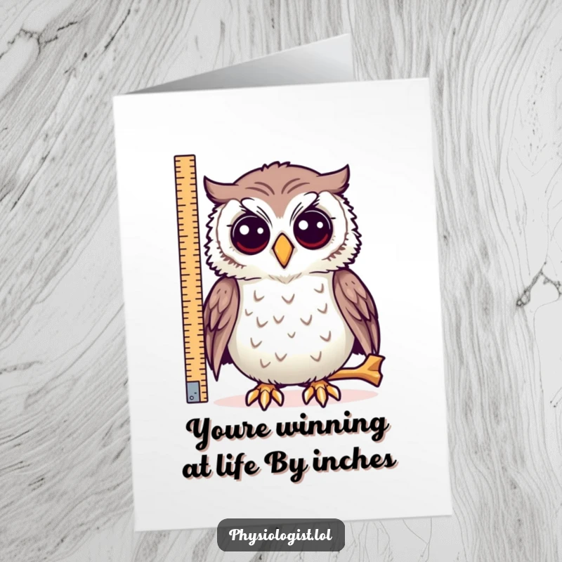 Hilarious free printable congratulations card: an owl meticulously measures a ridiculously extended bone.