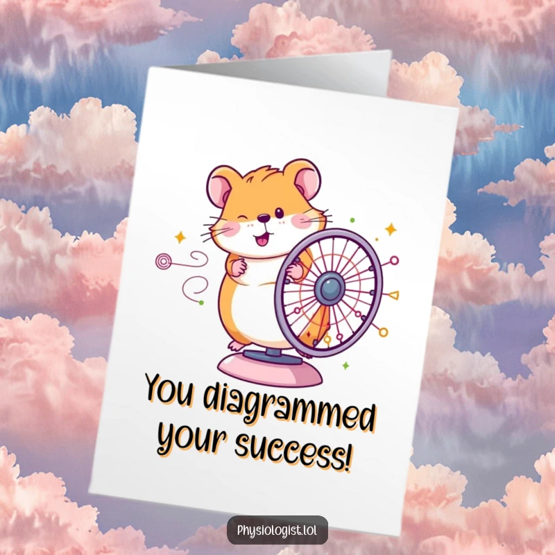 Funny Free Printable Hamster Congratulations Card: Happy hamster spinning a wheel connected to a complex, colorful diagram, perfect for congrats.