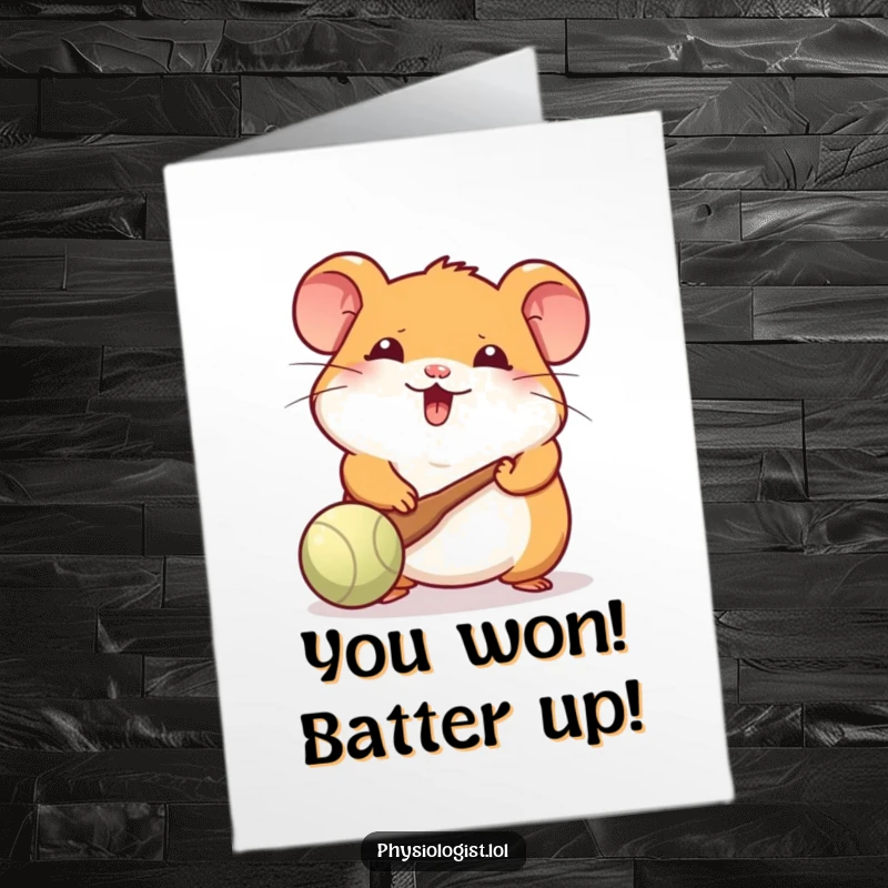 Funny Free Printable Congratulations Card: Cheerful hamster plays paddle ball, celebrating a downloadable victory with tiny paddle prowess.