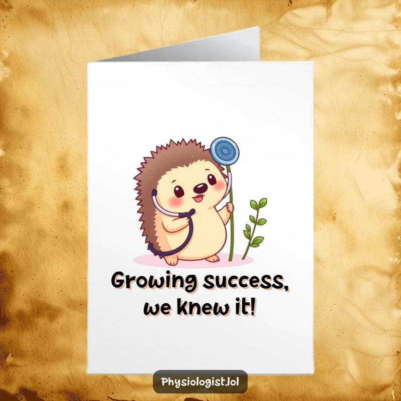 Funny Free Printable Congrats Card: Cheerful hedgehog uses a giant stethoscope on a tiny plant sprout, celebrating growth.