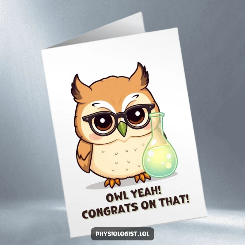 Funny Free Printable Owl Congratulations Card: A cheerful, bespectacled owl peers intently at a glowing science beaker.