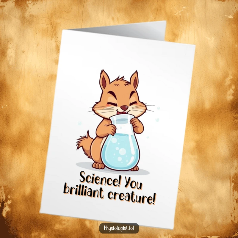 Funny Free Printable Congratulations Card: Determined squirrel churning a beaker of bubbly liquid, celebrating a fizzy success.