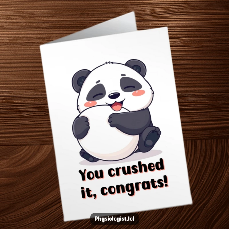 Funny Free Printable congratulations card showing a giggling panda hilariously squeezing a large, ambiguous stress ball.