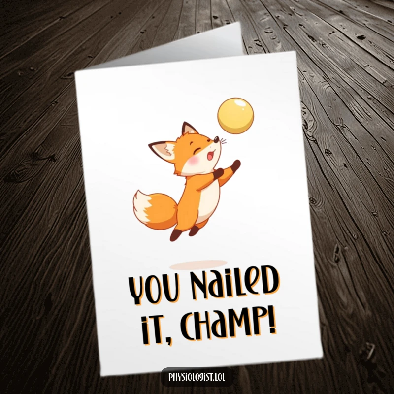 Free Printable Congratulations Card featuring an energetic fox leaping high to catch a ball celebrating a victory.