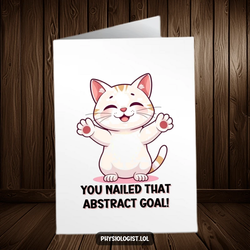 Funny Free Printable Cat Congratulations Card: Smiling cat measuring an abstract glowing shape, perfect for congrats.