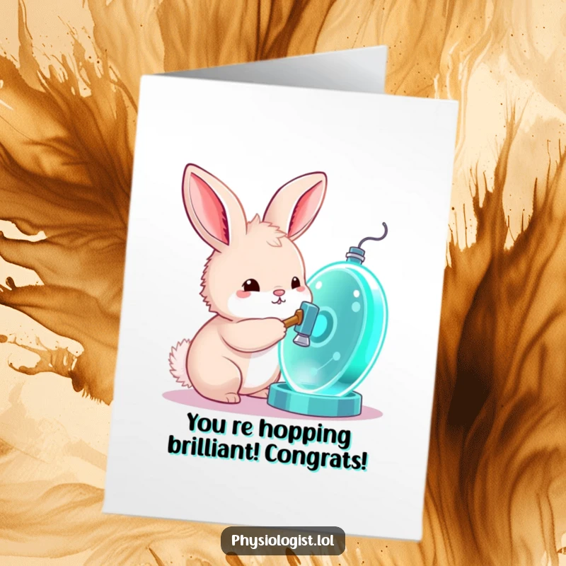 Free Printable Congratulations Card: Curious bunny tapping a large, glowing cell model with a small hammer, celebrating discovery.