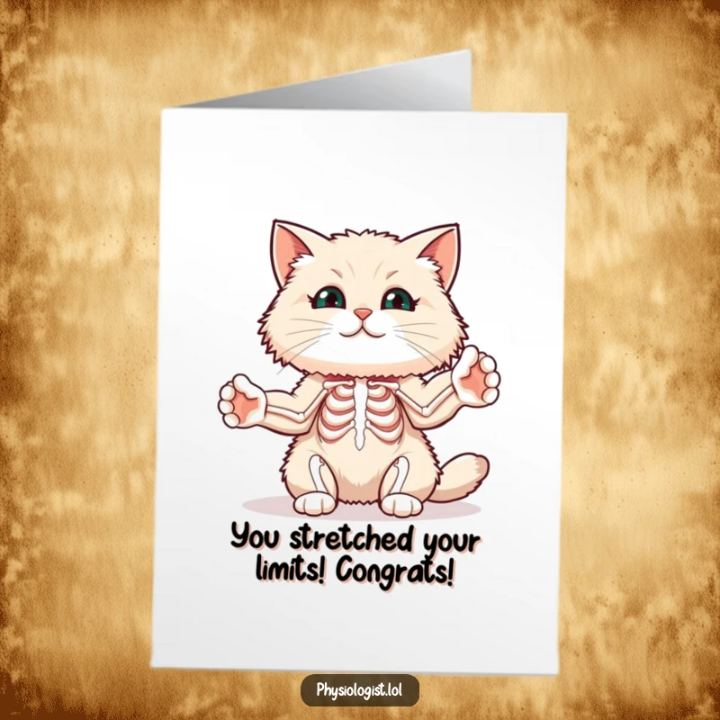 Funny Free Printable Cat Congratulations Card: A fluffy cat demonstrates muscle flexibility by stretching its paws.